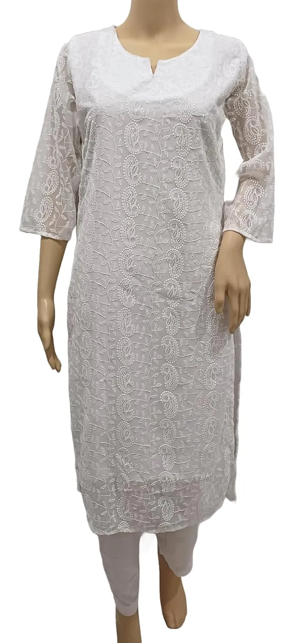 White_Georgette_Chikankari_Premium_&_Elegant_Kurta_For_Women