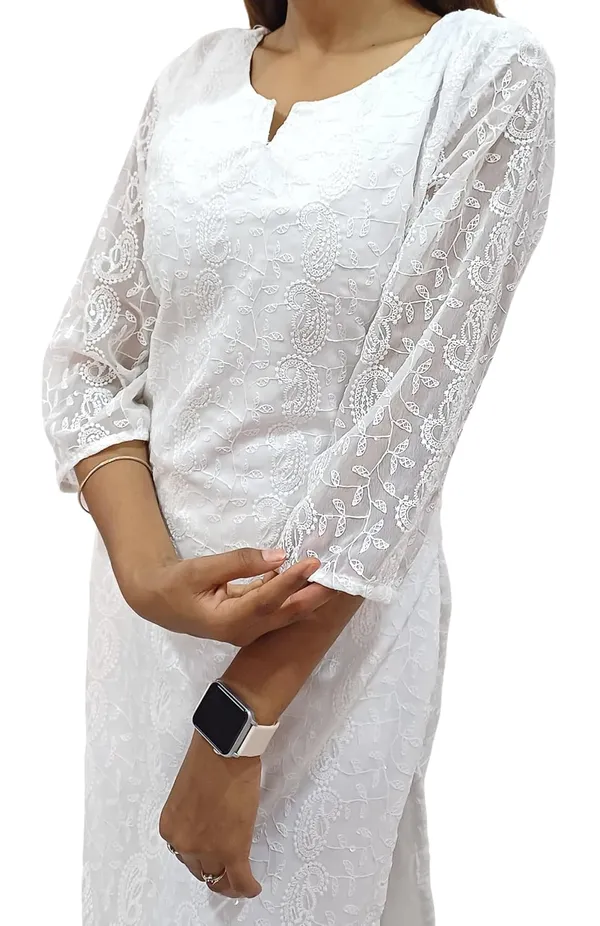 White_Georgette_Chikankari_Premium_&_Elegant_Kurta_For_Women