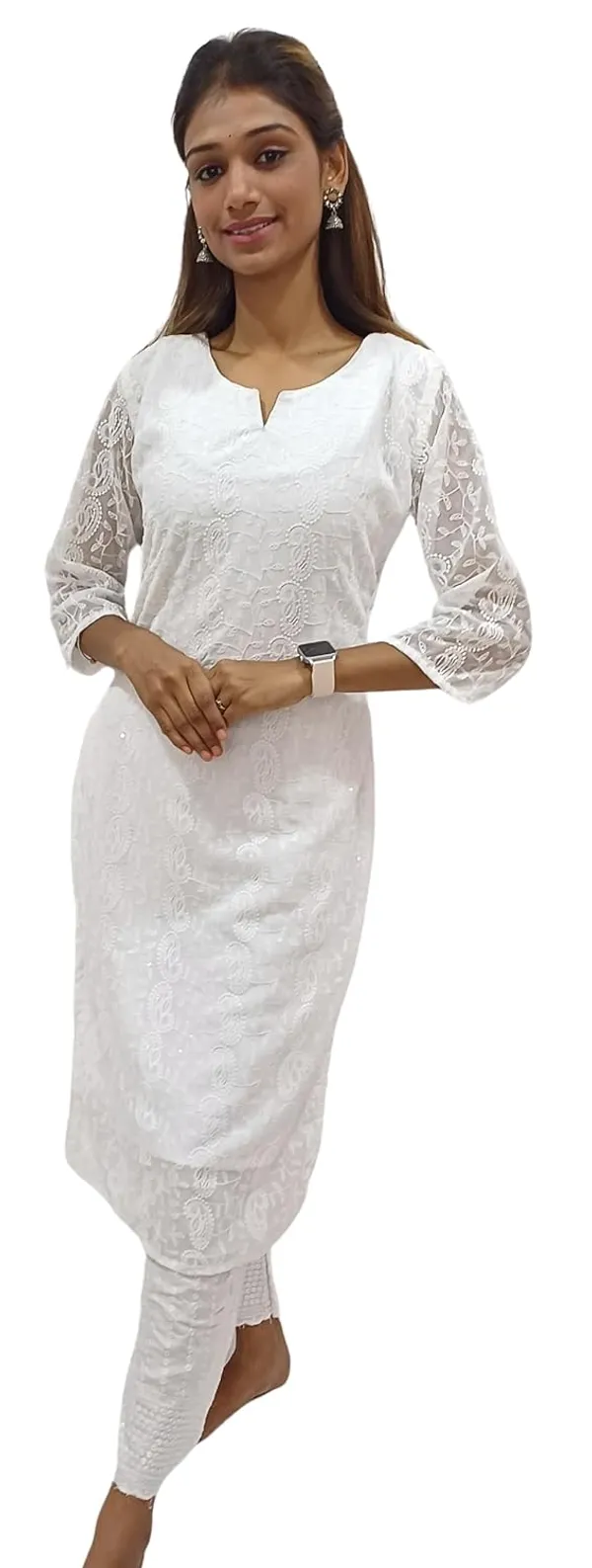 White_Georgette_Chikankari_Premium_&_Elegant_Kurta_For_Women