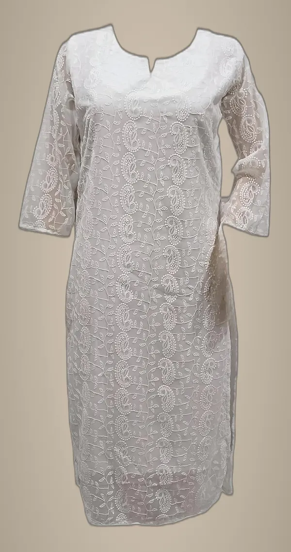 White_Georgette_Chikankari_Premium_&_Elegant_Kurta_For_Women