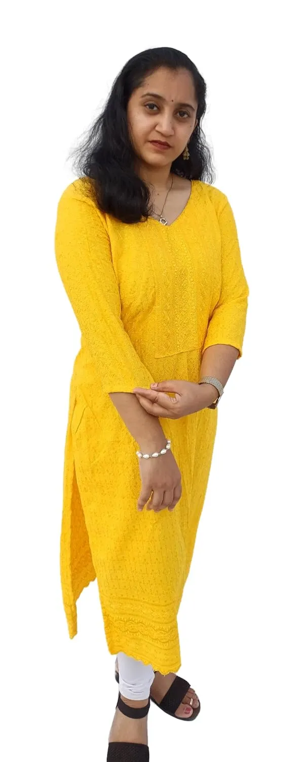 Yellow_Rayon_Chikankari_Premium_&_Elegant_Kurta_For_Women
