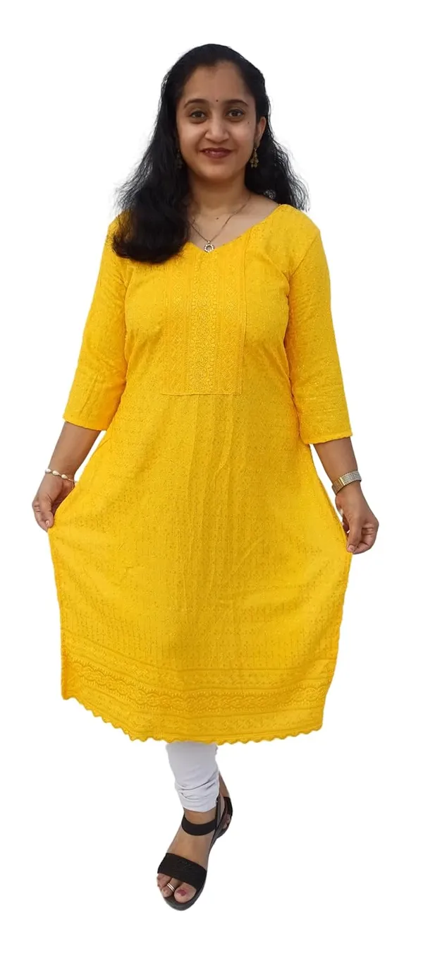 Yellow_Rayon_Chikankari_Premium_&_Elegant_Kurta_For_Women