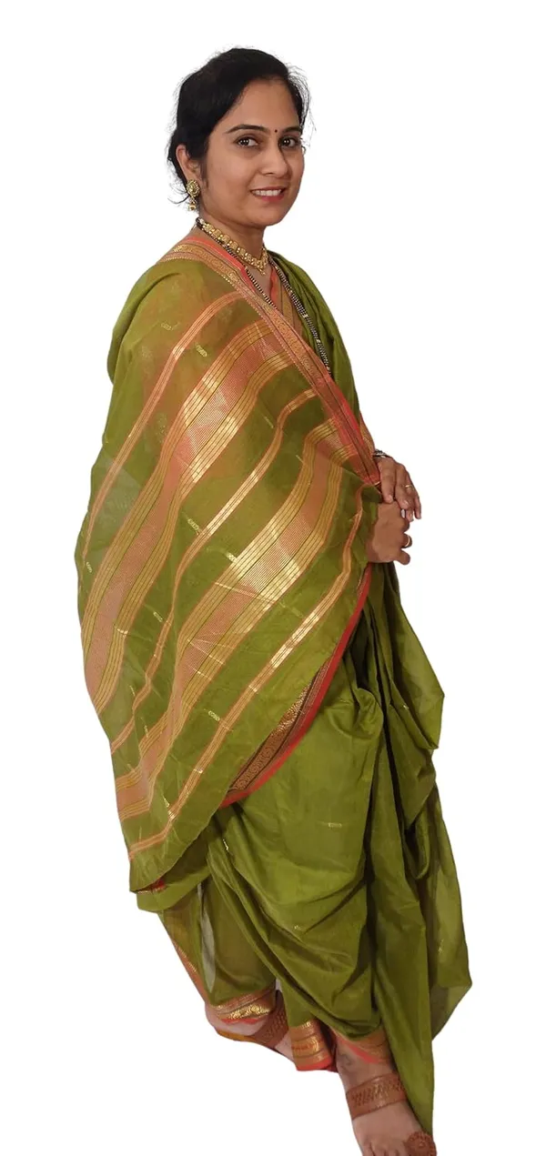 Mehendi_Acrylic_Pure_Cotton_Premium_&_Elegant_Peshwai_Nauwari_Saree_Without_Blouse_Piece_For_Women