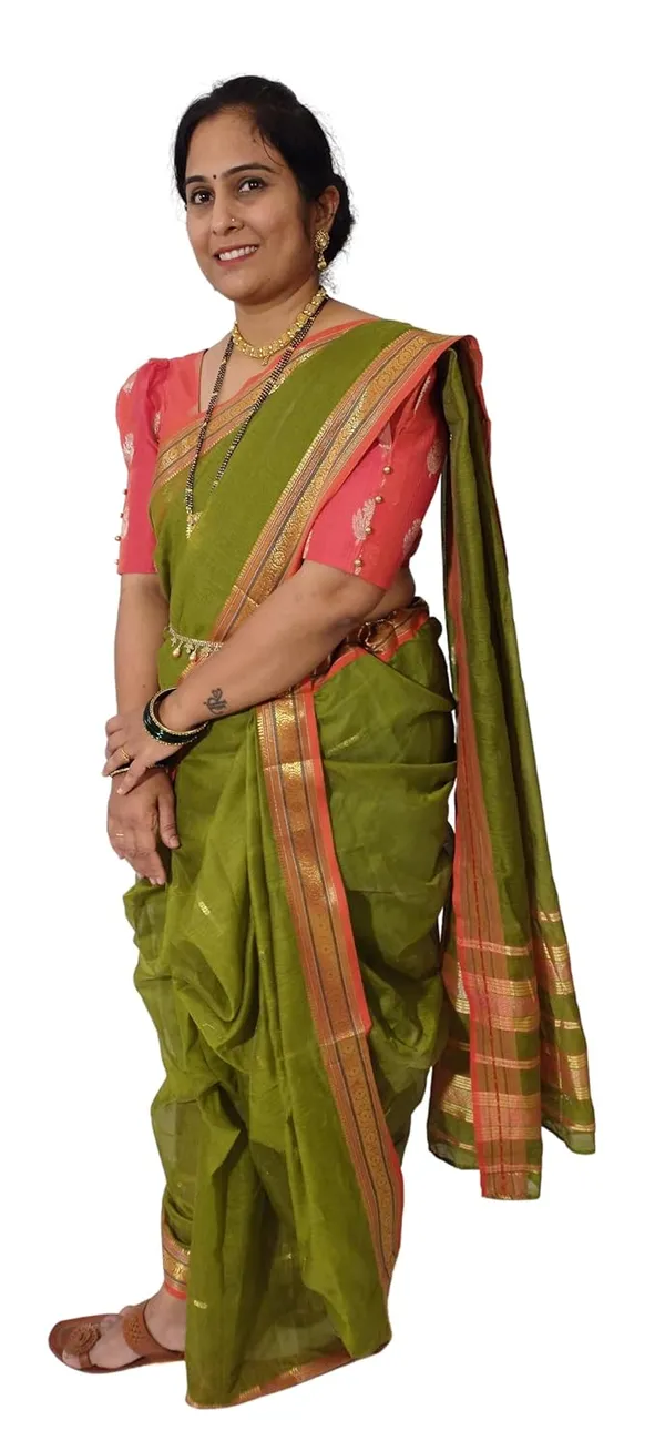Mehendi_Acrylic_Pure_Cotton_Premium_&_Elegant_Peshwai_Nauwari_Saree_Without_Blouse_Piece_For_Women