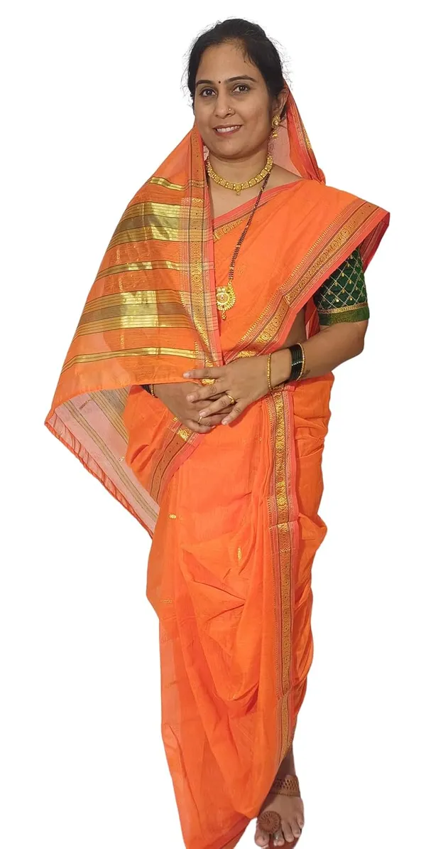 Orange_Acrylic_Pure_Cotton_Premium_&_Elegant_Peshwai_Nauwari_Saree_Without_Blouse_Piece_For_Women