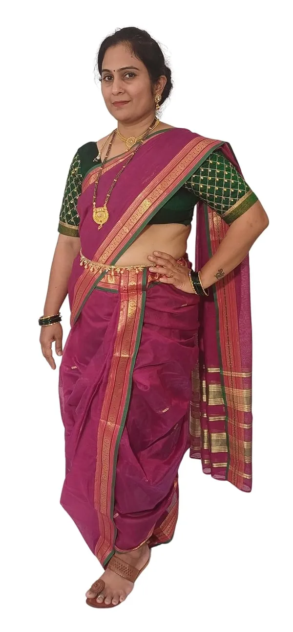 Wine_Acrylic_Pure_Cotton_Premium_&_Elegant_Peshwai_Nauwari_Saree_Without_Blouse_Piece_For_Women