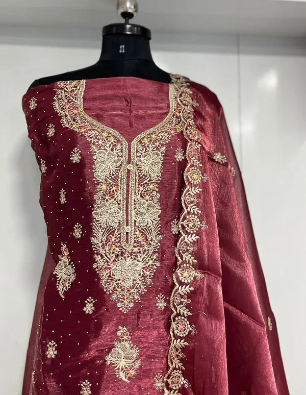 Brown__Shimmer_Organza_Party_Wear_Traditional_Embroidery_Unstitched_Suit_For_Women