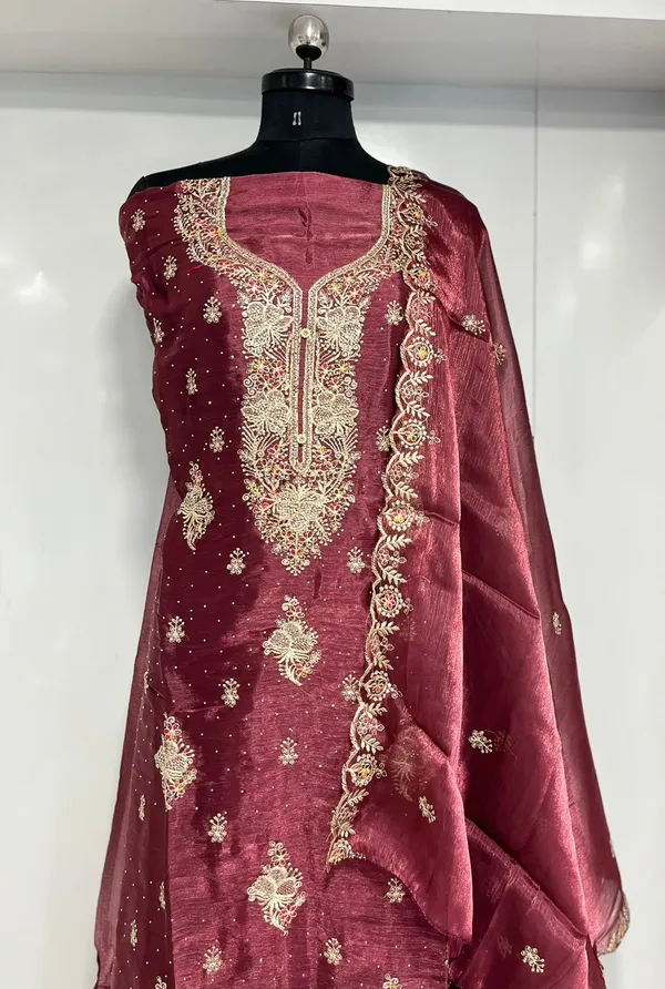 Brown__Shimmer_Organza_Party_Wear_Traditional_Embroidery_Unstitched_Suit_For_Women