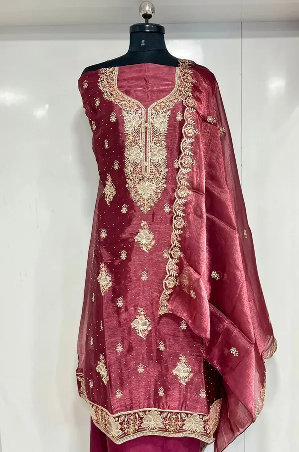 Brown__Shimmer_Organza_Party_Wear_Traditional_Embroidery_Unstitched_Suit_For_Women