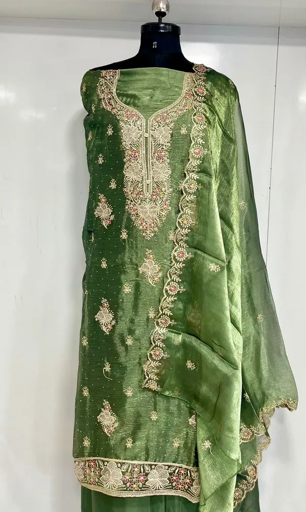 Olive_Shimmer_Organza_Party_Wear_Traditional_Embroidery_Unstitched_Suit_For_Women