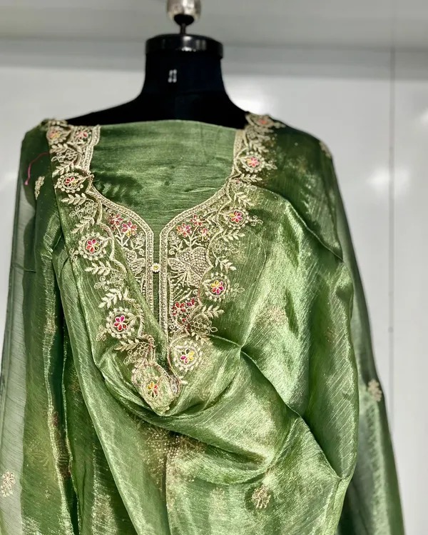 Olive_Shimmer_Organza_Party_Wear_Traditional_Embroidery_Unstitched_Suit_For_Women