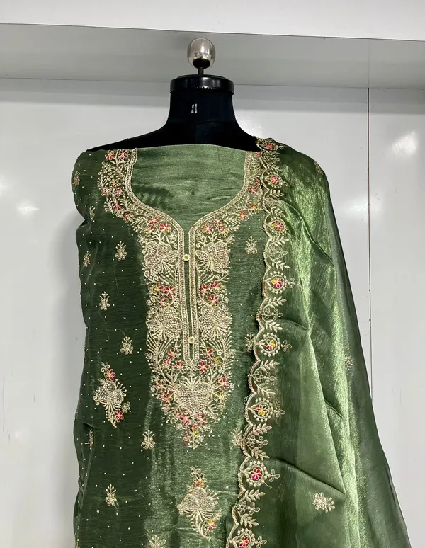 Olive_Shimmer_Organza_Party_Wear_Traditional_Embroidery_Unstitched_Suit_For_Women