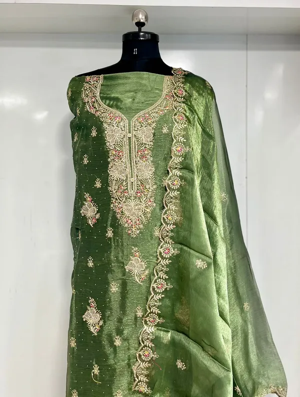 Olive_Shimmer_Organza_Party_Wear_Traditional_Embroidery_Unstitched_Suit_For_Women