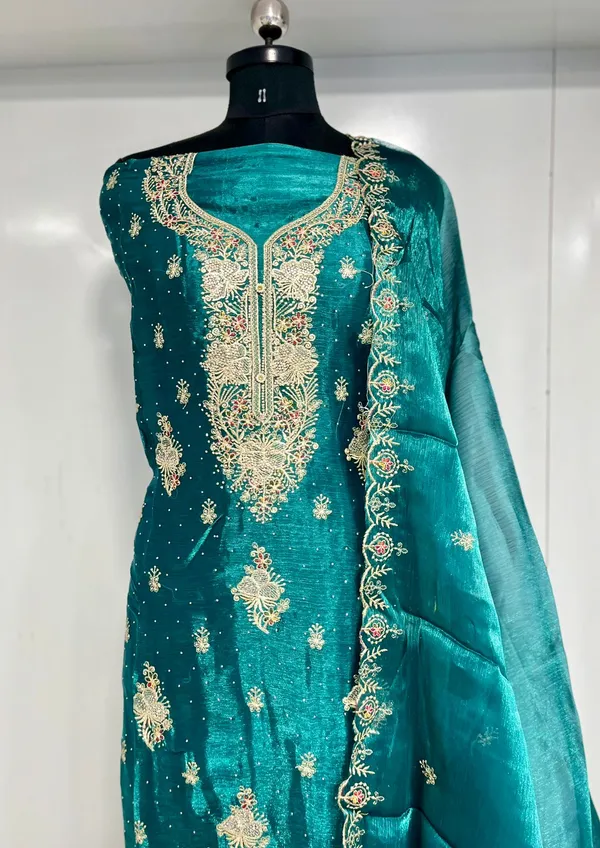 Teal_Shimmer_Organza_Party_Wear_Traditional_Embroidery_Unstitched_Suit_For_Women