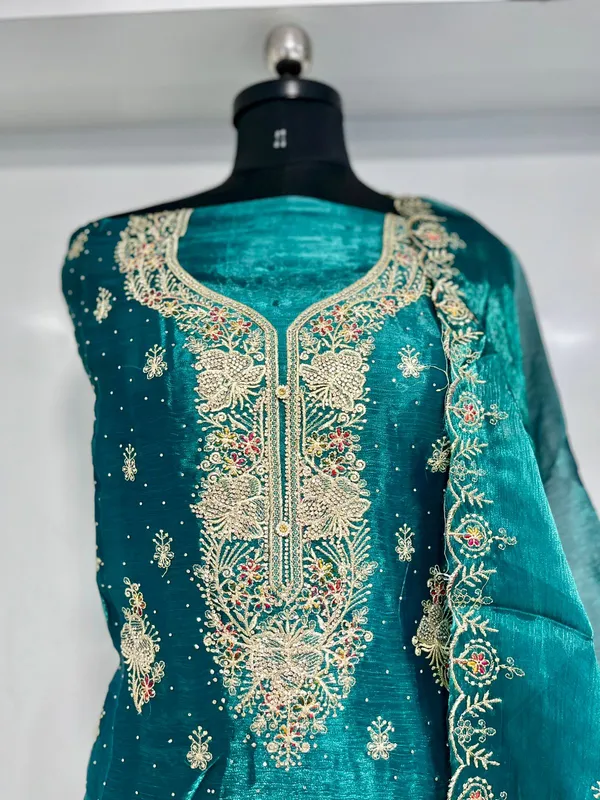 Teal_Shimmer_Organza_Party_Wear_Traditional_Embroidery_Unstitched_Suit_For_Women