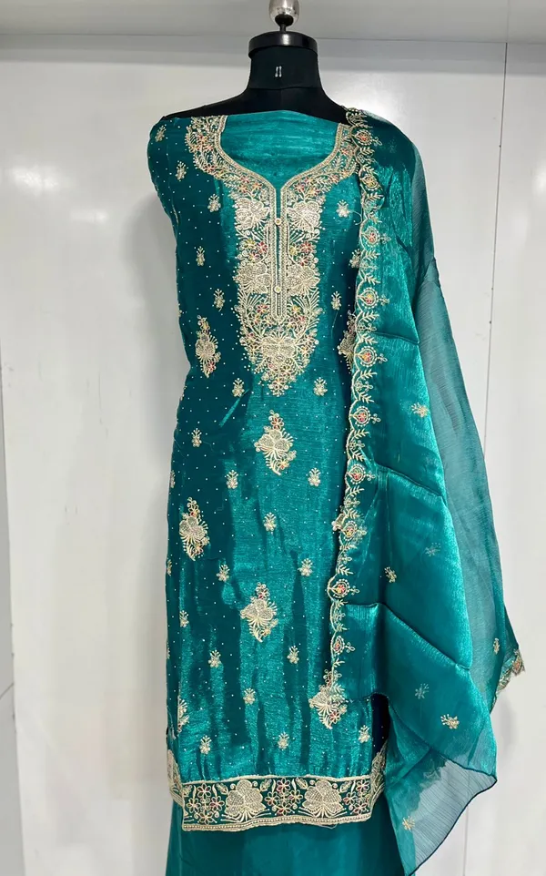 Teal_Shimmer_Organza_Party_Wear_Traditional_Embroidery_Unstitched_Suit_For_Women