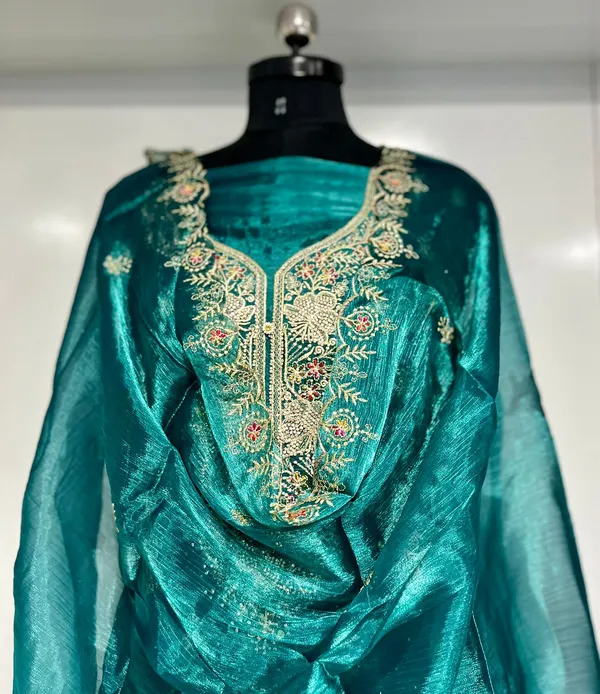 Teal_Shimmer_Organza_Party_Wear_Traditional_Embroidery_Unstitched_Suit_For_Women