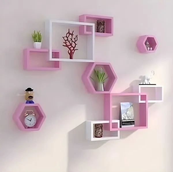 Pink_and_White_M.I._Genuine_Decor_Intersecting_Floating_Shelves_For_Wall_Set,Wall_Mounted_Shelf_For_Living_Room,_Bedroom,_Outdoor,_Gallery,_Stairs_(Elegant_Hexa_Interlock)