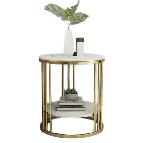 White_&_Golden_Metal_Round_Coffee_Table_With_Extra_Shelf_For_Living_Room_And_Bedroom,_Side_Table,_Wooden_Top_&_Metal_Frame_End_Table,_Modern_Elegent_Design