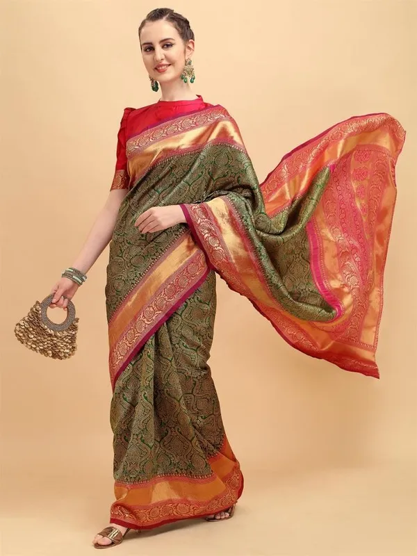 Green_Red_Jacquard_Border_Saree_Soft_Lichi_Silk_Cloth_The_Saree_And_Explore_Of_Collection_Beautiful_Designed_Saree_With_Unstitched_Blouse_Piece_For_Women