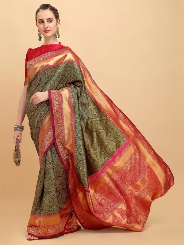 Green_Red_Jacquard_Border_Saree_Soft_Lichi_Silk_Cloth_The_Saree_And_Explore_Of_Collection_Beautiful_Designed_Saree_With_Unstitched_Blouse_Piece_For_Women