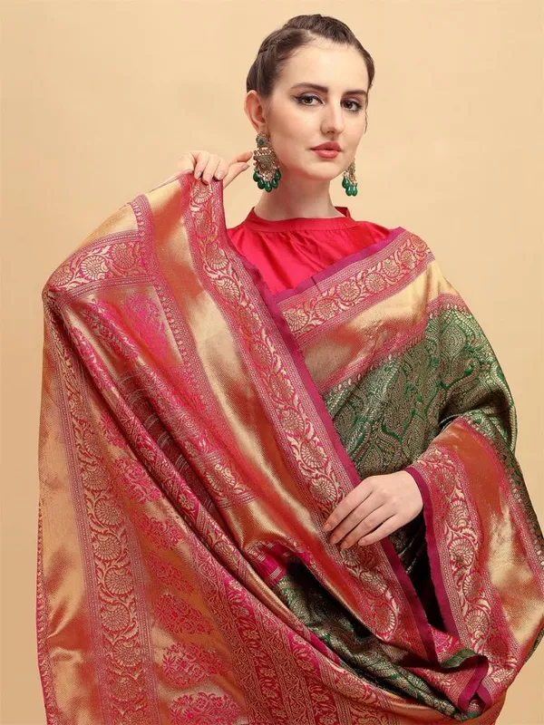 Green_Red_Jacquard_Border_Saree_Soft_Lichi_Silk_Cloth_The_Saree_And_Explore_Of_Collection_Beautiful_Designed_Saree_With_Unstitched_Blouse_Piece_For_Women