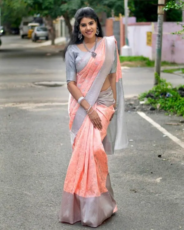 Oragne_Silver_Silk_Saree_Rich_Pallu_Jacquard_Border_Work_With_Unstitched_Blouse_For_Wedding_Party