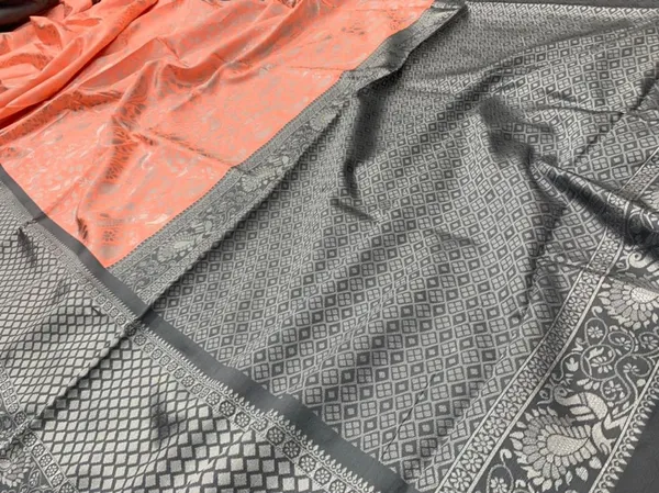 Oragne_Silver_Silk_Saree_Rich_Pallu_Jacquard_Border_Work_With_Unstitched_Blouse_For_Wedding_Party