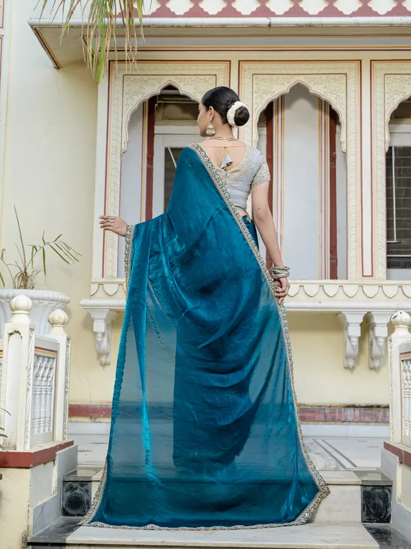 Teal_Blue_Velvet_Satin_Saree_For_Women
