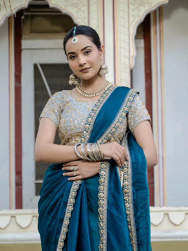Teal_Blue_Velvet_Satin_Saree_For_Women