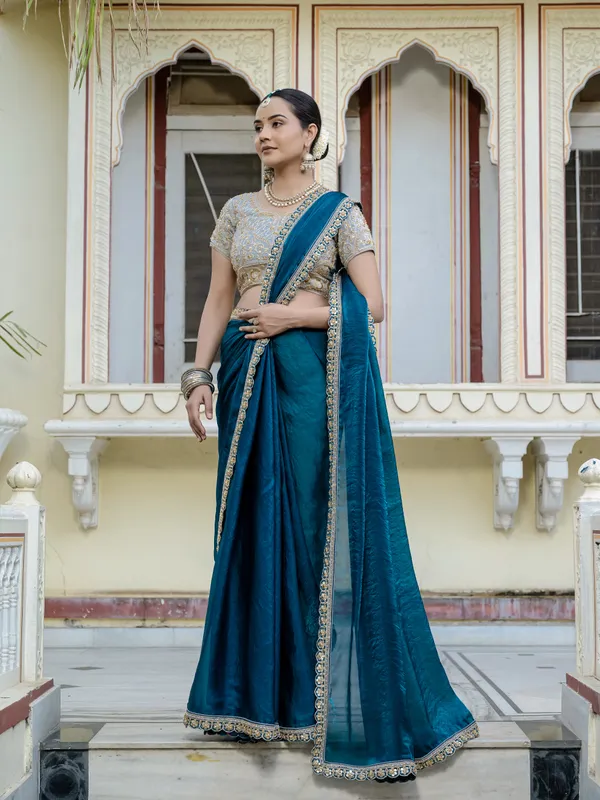 Teal_Blue_Velvet_Satin_Saree_For_Women