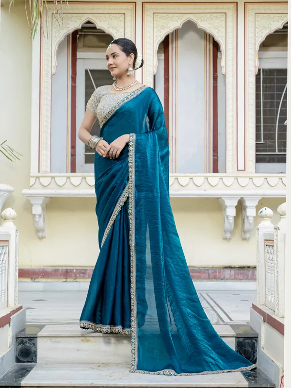 Teal_Blue_Velvet_Satin_Saree_For_Women