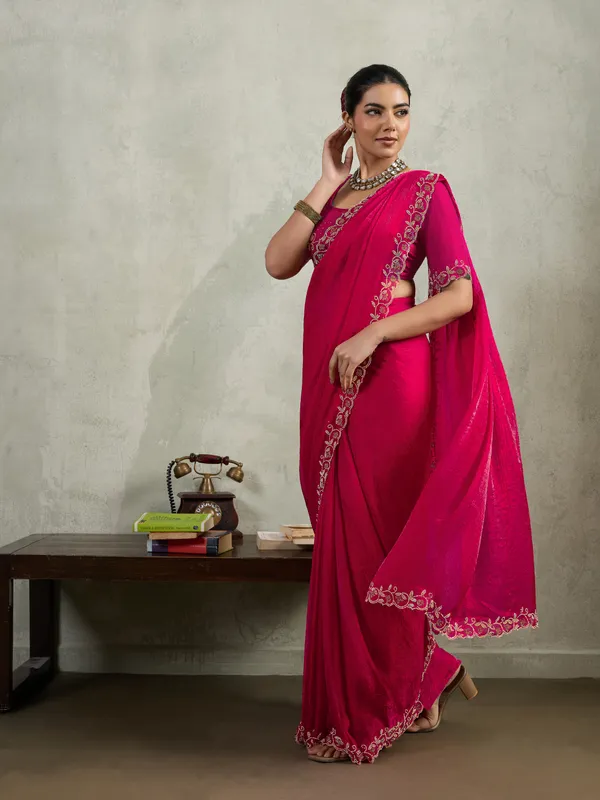Hot_Pink_Velvet_Chiffon_Saree_with_Zarkan_&_Cutwork_Detailing
