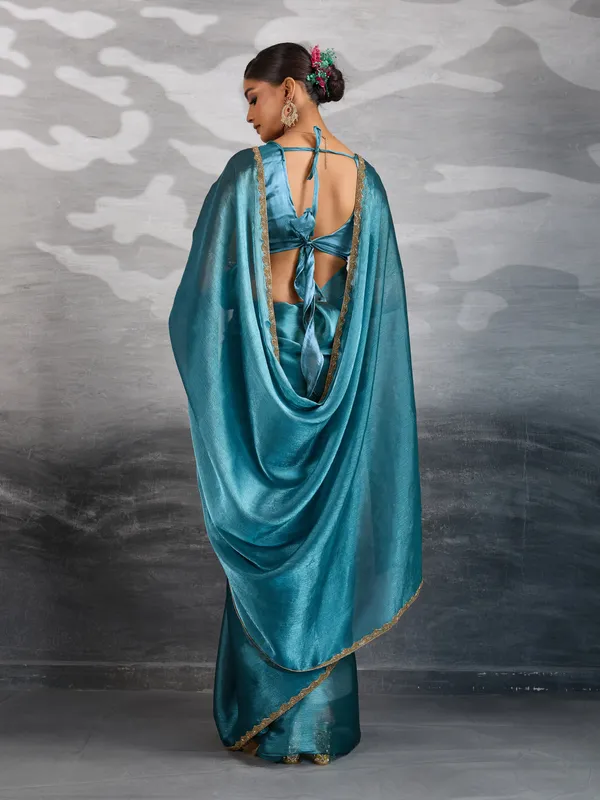 Teal_Blue_Burberry_Chiffon_Saree_With_Beads_&_Cutdana_Lace_Detailing_For_Women