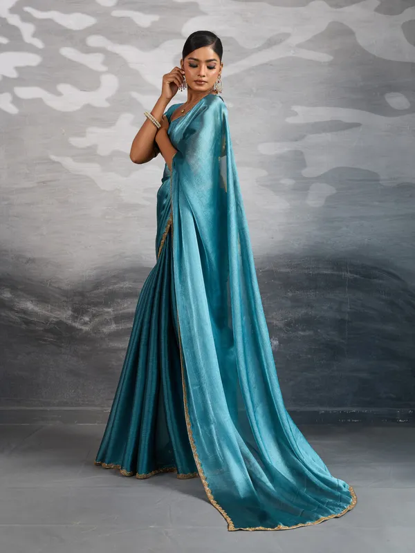 Teal_Blue_Burberry_Chiffon_Saree_With_Beads_&_Cutdana_Lace_Detailing_For_Women