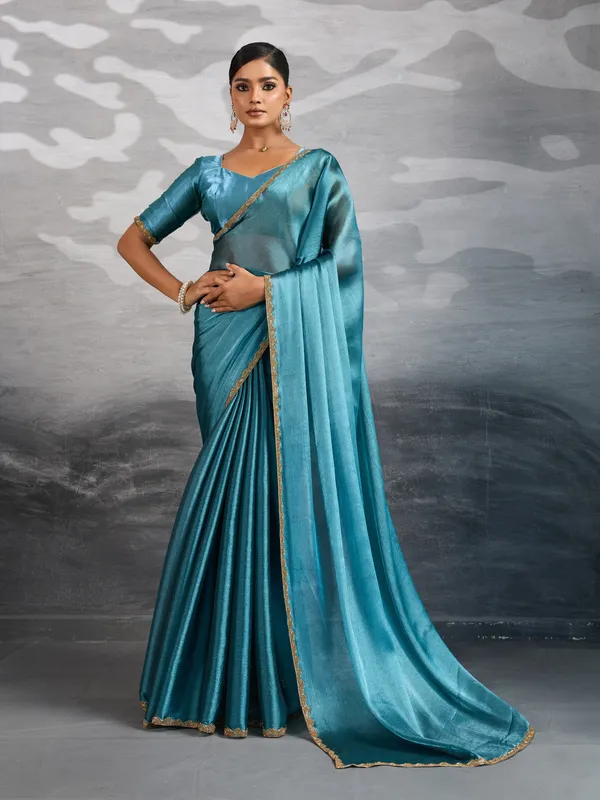 Teal_Blue_Burberry_Chiffon_Saree_With_Beads_&_Cutdana_Lace_Detailing_For_Women