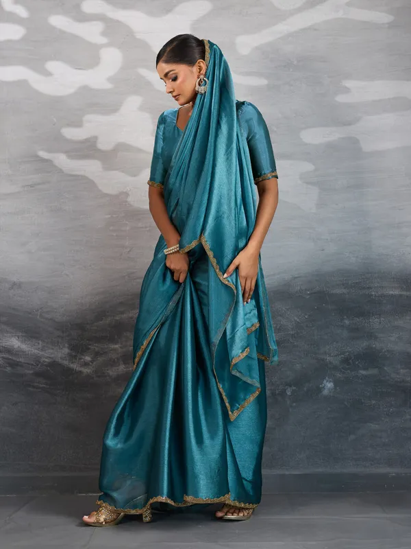 Teal_Blue_Burberry_Chiffon_Saree_With_Beads_&_Cutdana_Lace_Detailing_For_Women