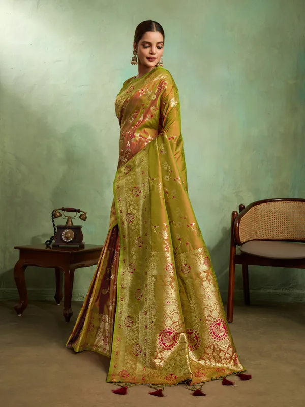 Olive_Green_&_Maroon_Banarasi_Silk_Saree_with_Golden_Zari_Weave