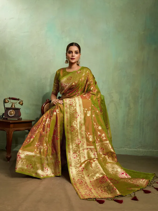 Olive_Green_&_Maroon_Banarasi_Silk_Saree_with_Golden_Zari_Weave