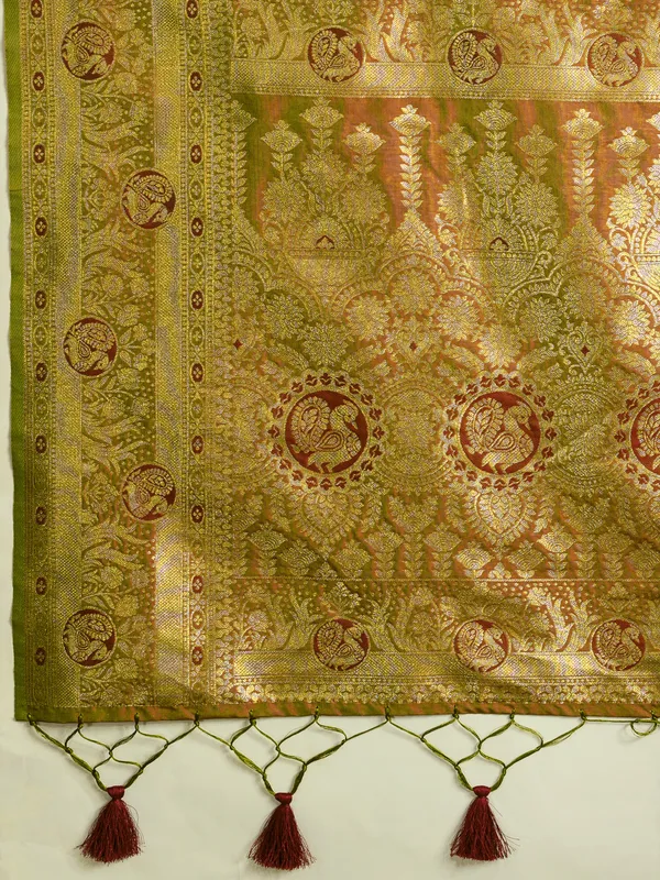 Olive_Green_&_Maroon_Banarasi_Silk_Saree_with_Golden_Zari_Weave