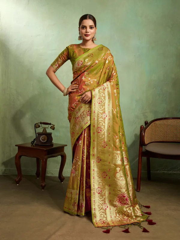 Olive_Green_&_Maroon_Banarasi_Silk_Saree_with_Golden_Zari_Weave