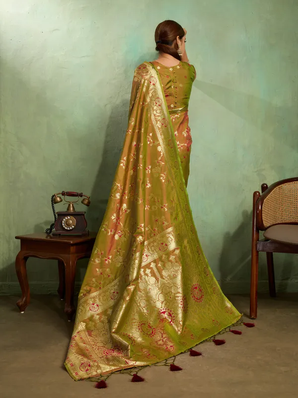 Olive_Green_&_Maroon_Banarasi_Silk_Saree_with_Golden_Zari_Weave