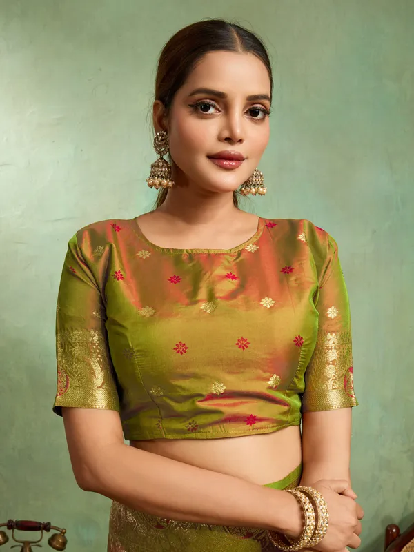 Olive_Green_&_Maroon_Banarasi_Silk_Saree_with_Golden_Zari_Weave