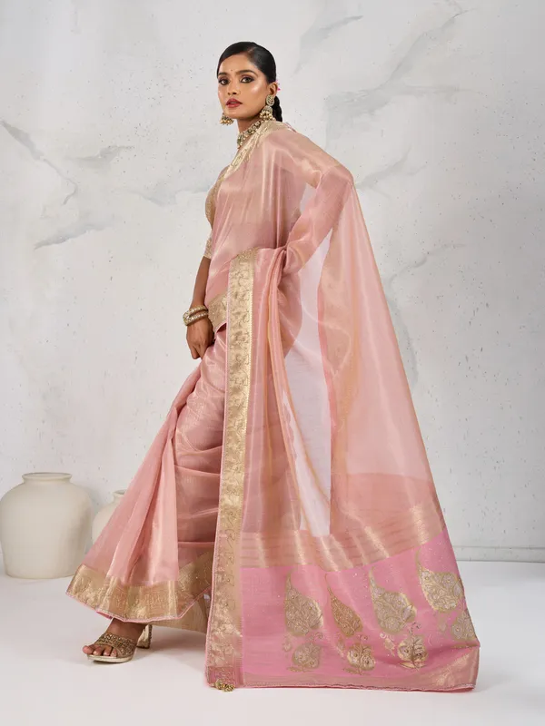 Blush_Pink_Tissue_Linen_Saree_With_Handcrafted_Zardosi_Pallu_&_Embellished_Border_For_Women