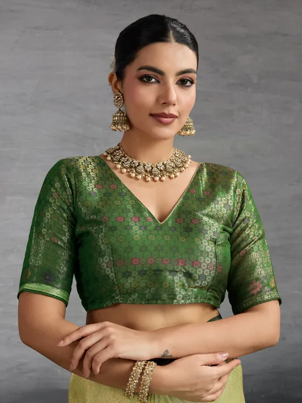 Lime_Green_Kanjivaram_Soft_Silk_Saree_With_Emerald_Kadiyal_Zari_Border_&_Meenakari_Pallu_For_Women