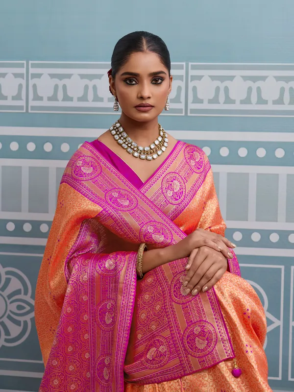 Peach_Orange_&_Pink_Kanjivaram_Silk_Saree