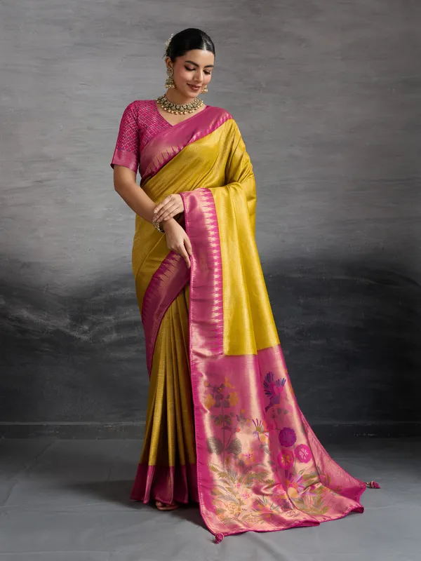 Pink_and_Mustard_yellow_Kanjivaram_Soft_Silk_Saree