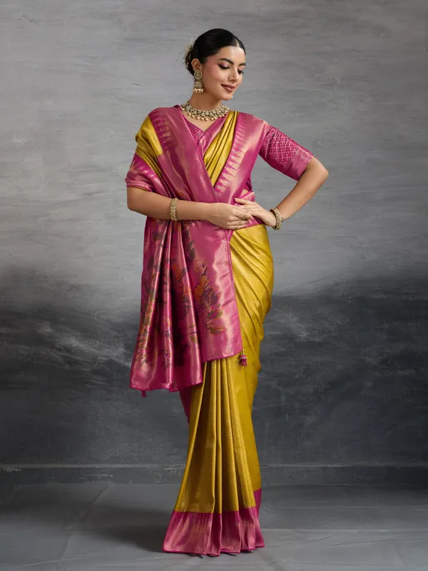 Pink_and_Mustard_yellow_Kanjivaram_Soft_Silk_Saree