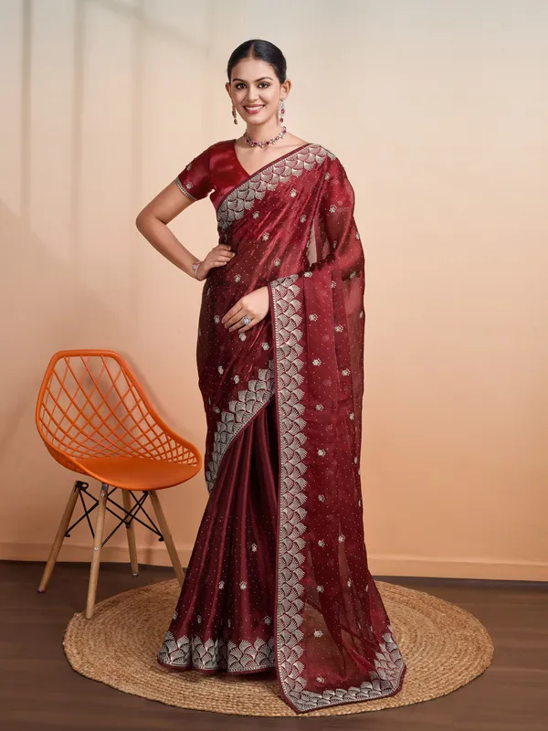 Wine_Red_Blooming_Burberry_Embroidered_Partywear_Saree