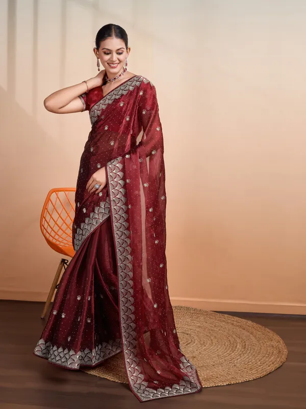 Wine_Red_Blooming_Burberry_Embroidered_Partywear_Saree